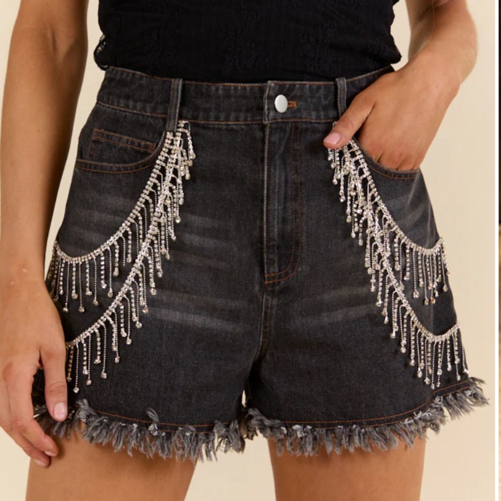 Pink Lily Embellished Black Jean Shorts with Silver Fringe